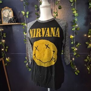 NIRVANA Black Tee with Yellow Smiley Raglan